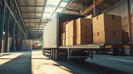 Obraz premium A truck unloading boxes from the back, ready for delivery in an industrial warehouse setting