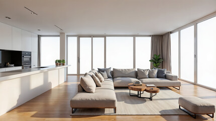 Fototapeta premium Contemporary Minimalist Open Plan Living Room with L-Shaped Sofa, Floor to Ceiling Windows, Modern Kitchen and Natural Light in Neutral Color Scheme