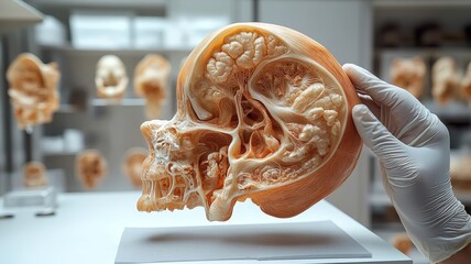 Scientist examining anatomical model of human skull for study purposes