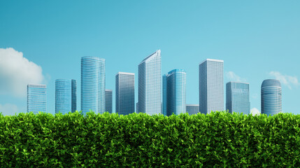 Fototapeta premium climate change global warming mitigation. Urban skyline with green foliage in foreground no body