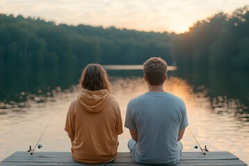 Fototapeta premium Lifestyle Product Photography at Golden Hour – Husband and Wife Fishing, Relaxing Outdoors, and Quality Time Together