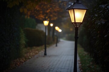 Row of streetlights on a sidewalk at night