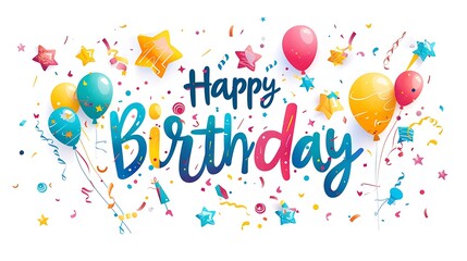 A festive birthday greeting with colorful balloons, stars, and confetti, celebrating a joyful occasion.