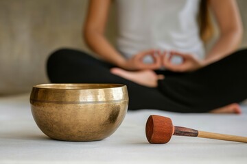 Meditation bowl with mallet near person in lotus pose