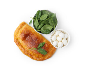 Tasty calzone with basil and mozzarella cheese isolated on white, top view