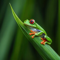 Obraz premium Colorful frog perched on a green leaf.