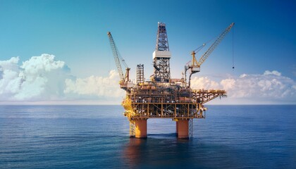 Oil rig in the middle of the ocean; oil and gas industry; oil drilling platform in the ocean or sea; heavy machinery and cranes; petroleum drilling rig in the ocean or sea; petrol and gas drill