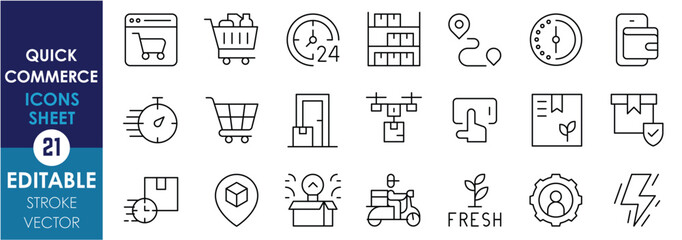 A set of line icons related to Quick Commerce. Fast, delivery, warehouse, timing, countdown, eco- friendly, online payment, drone delivery, and so on. Vector editable stroke.