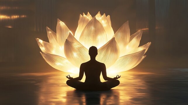 Serene Glowing Lotus Meditation Space with Silhouetted Figure Symbolizing Inner Peace and Mindfulness