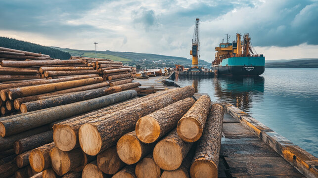 Logs are loaded into a ship at a port in Ireland. This is part of the timber import or export industry, allowing wood to be transported worldwide.
