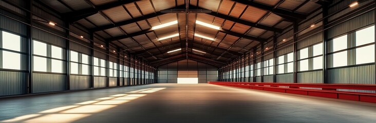 Wide shot of a large metal barn interior with red benches and lighting.