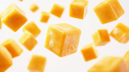Ripe mango cubes float freely in mid-air against a bright white background.