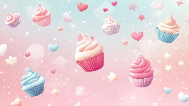 A playful background featuring floating cupcakes, stars, and hearts, all in soft, pastel shades, evoking a whimsical, fun vibe --ar 16:9 --v 6.1 Job ID: b42d6d42-1ce8-4352-b445-6db7ef98bae6