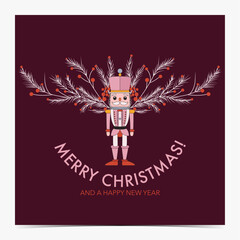 Merry Christmas - cute Christmas greeting card, postcard, invitation with nutcracker on burgundy background, pink, red and white color palette, vector illustration