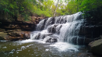 Fototapeta premium Serene Waterfall Cascading Down Rocky Steps in a Tranquil Forested Setting Surrounded by Lush Greenery and Natural Beauty Ideal for Nature Lovers and Outdoor Enthusiasts