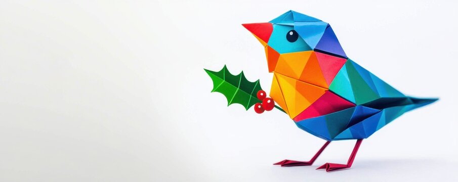 Christmas origami, A colorful origami bird holding a sprig of holly, showcasing vibrant geometric patterns against a light background.