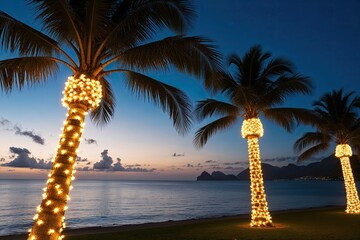 Tropical Bay Sunset with Illuminated Holiday Palm Trees