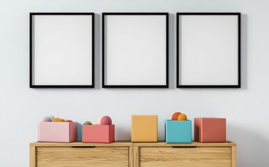 Modern Home Decor Mockup with Empty Posters, Wooden Toy Box, and Warm Pastel Color Palette