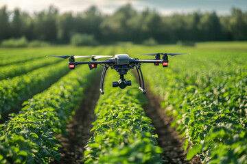 A drone hovers above vibrant green fields, capturing data for precision agriculture. The technology enhances farming efficiency and sustainability during the golden hour of daylight.