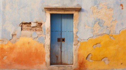 The dilapidated wall of the building and the wooden door require major repairs. Facade of a house with damaged plaster. Photophone for retro shooting. Illustration for cover, card, interior design.