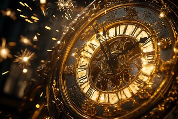 Obraz premium Abstract golden clock face with fireworks in the background