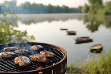 A sizzling grill with hot dogs cooking on it