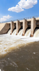 A dam releasing water into a river under a bright blue sky with white clouds.