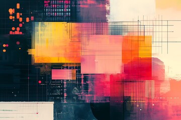 Naklejka premium Abstract layers of grids and charts creating a vibrant tech theme