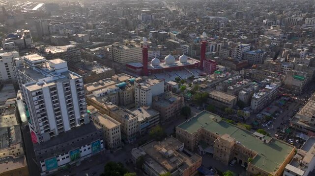 Aerail view on Downtown of Karachi, Sindh, Pakistan. High Modern Skyscrappers and Street Traffic in center of Karachi.