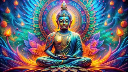 Fototapeta premium An ethereal representation of Buddha seated in lotus position, enveloped by a kaleidoscope of vibrant abstract shapes and patterns, evoking a surreal spiritual experience.