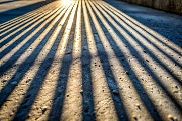 Shadows cast by parallel lines create a striking pattern on a textured surface, highlighting contrasts between light and dark.