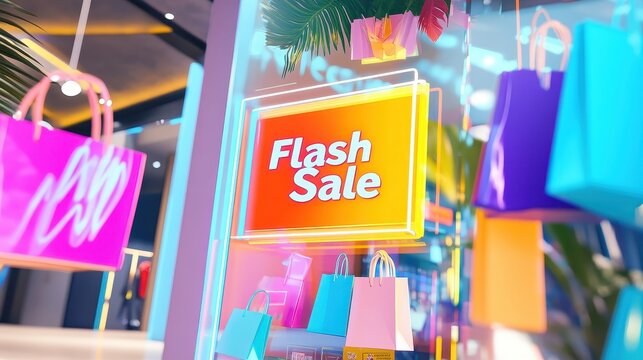 A bright digital screen shows a flash sale banner with a countdown and colorful shopping bags