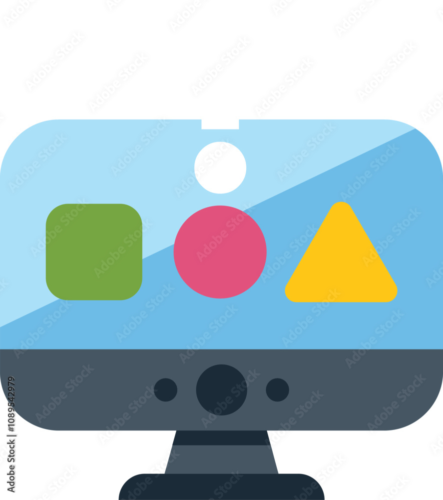 Poster this vector illustration features a desktop computer displaying abstract shapes, representing the co