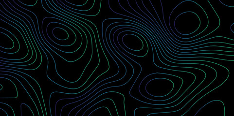 Abstract light pattern Vector illustration. Topographic map background concept. Vibrant neon lights pulsating patterns. Colorful topography contour lines isolated on black background.