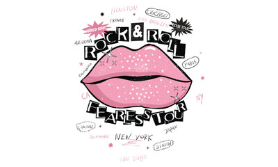 Obraz premium Music poster design. Rock and roll vector t-shirt artwork. Lips poster design. Love you more vector t-shirt design. Kiss me artwork. Kiss vintage design.