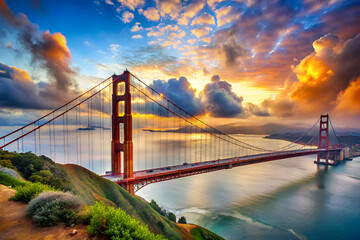 Fototapeta premium Golden Gate Bridge at sunset, surrounded by dramatic clouds and reflections on the water, capturing a serene yet vibrant atmosphere.