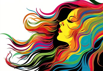 Portrait of a girl with long curly hair in drawing style. Natural Beauty. The concept of expressing bright joyful emotions. Energy of youth. Illustration for cover, postcard, card or print.