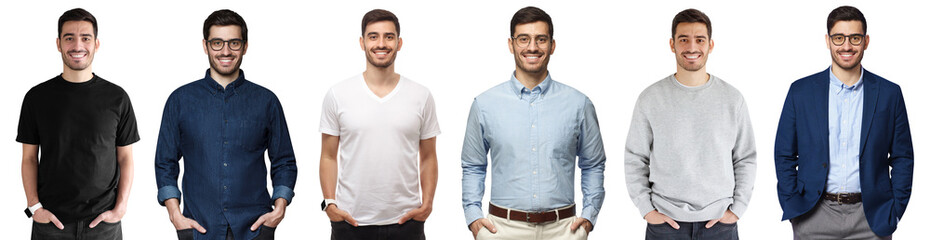 Young handsome man wearing diverse collection of various casual and professional outfits,...