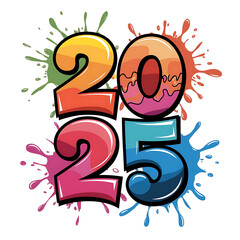 Vibrant Colorful 2025 Graffiti Art with Splash Effects for New Year Celebration on Transparent Background