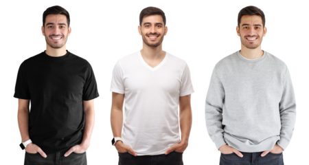 Collage of three looks of young man, mock-up of white and black t-shirts and blank gray sweatshirt with copy space for your logo