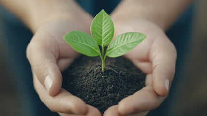 A pair of hands gently holding a small green plant with fresh leaves in rich soil.