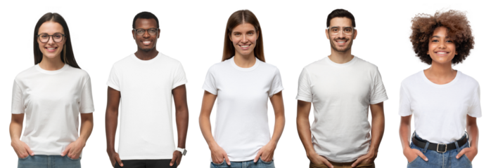 White t-shirt people. Collage of many men and women wearing blank t-shirts with copy space for your text or logo