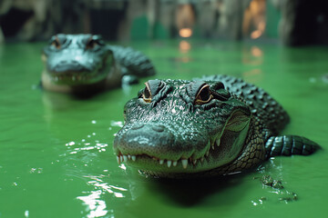 Fototapeta premium Sharp eyes glide through green waters teeming with crocodiles at dusk