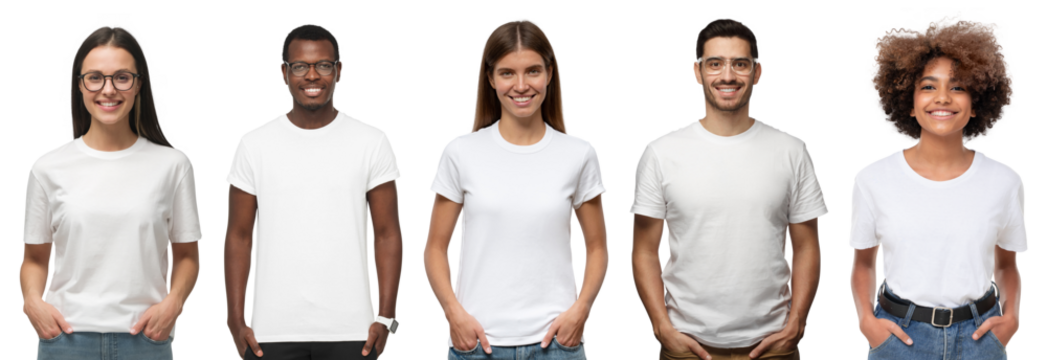White t-shirt people. Collage of many men and women wearing blank t-shirts with copy space for your text or logo