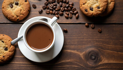 Coffee with Chocolate Chip Cookies on Wooden Table Surrounded by Coffee Beans. Perfect for Cozy Moments and Indulgent Treats