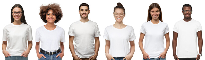 White t-shirt people. Collage of many men and women wearing blank t-shirts with copy space for your text or logo