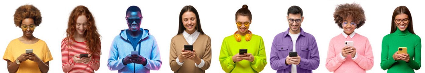Group of smiling diverse people holding phones and texting