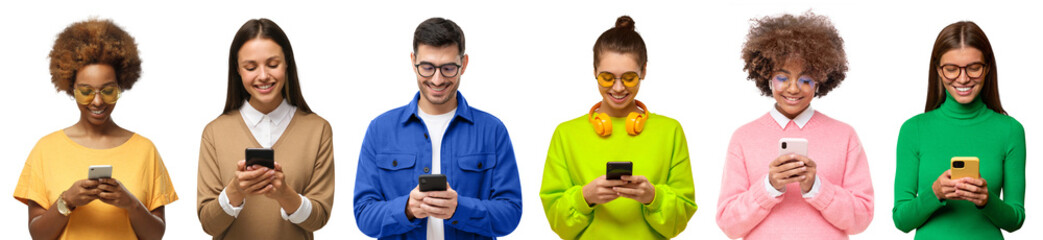 Group of smiling diverse people holding phones and texting