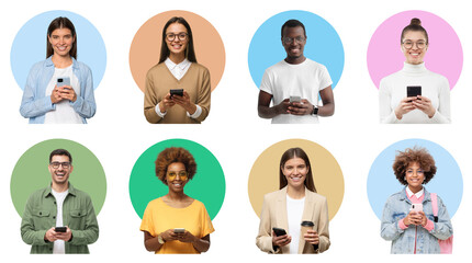 Group of diverse people holding phones and smiling to camera