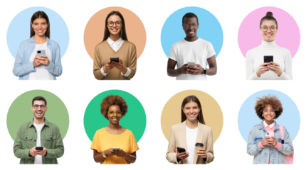 Group of diverse people holding phones and smiling to camera